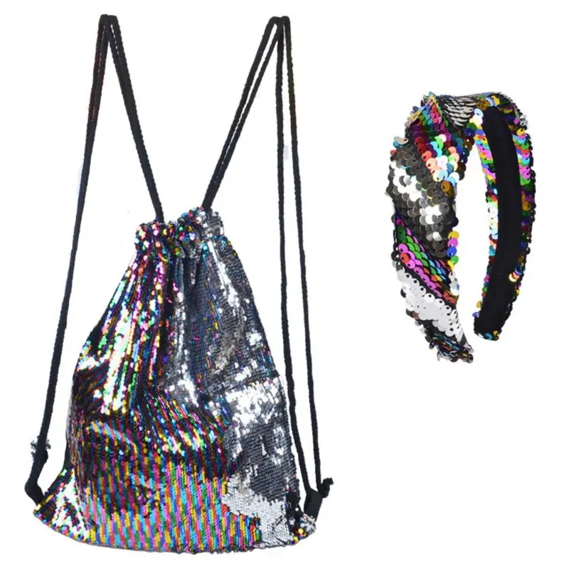 Reversible Sequin Drawstring Bag Cinch Sack Backpack Purses Rucksack + Headwear Set for Kids Girls