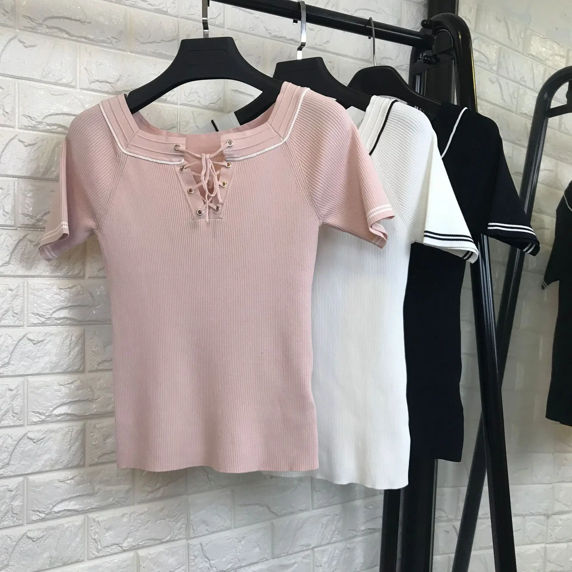 

Women fashion cute cross bow tie V-neck knit sweater short sleeve cute tops new 2018 autumn pink white black