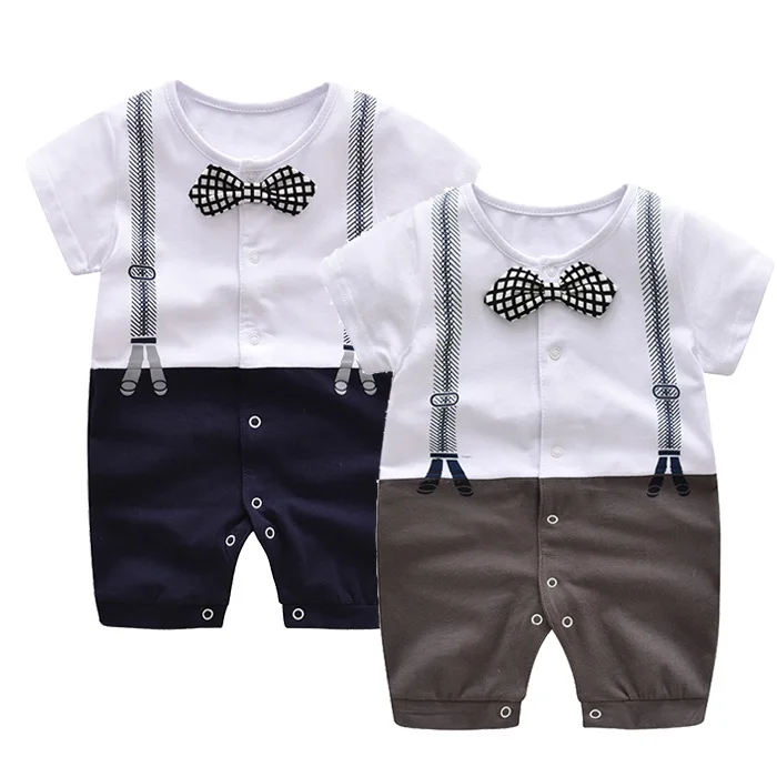 Baby Boy Rompers Boys Summer Gentleman Style Short sleeve Cotton Jumpsuit with Tie Newborn