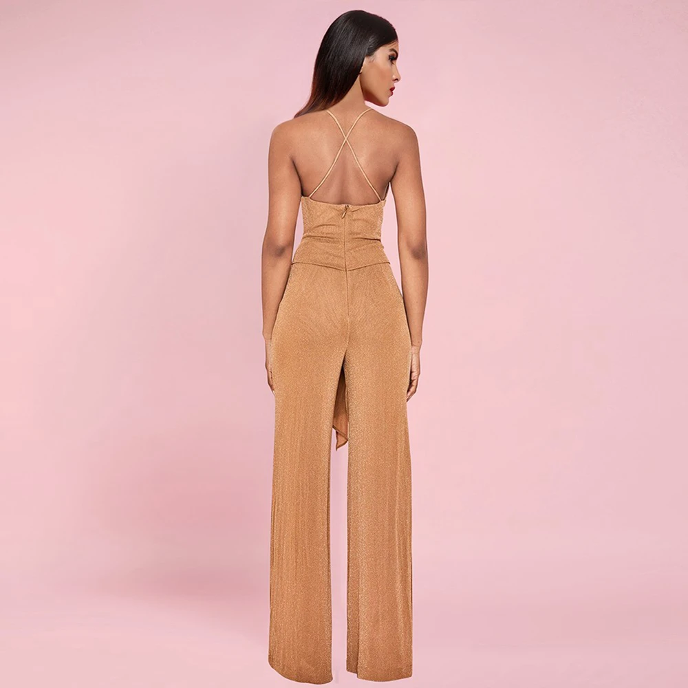 Ocstrade New Arrival Women Tan Lurex Drape Front Sexy Bodycon Jumpsuit