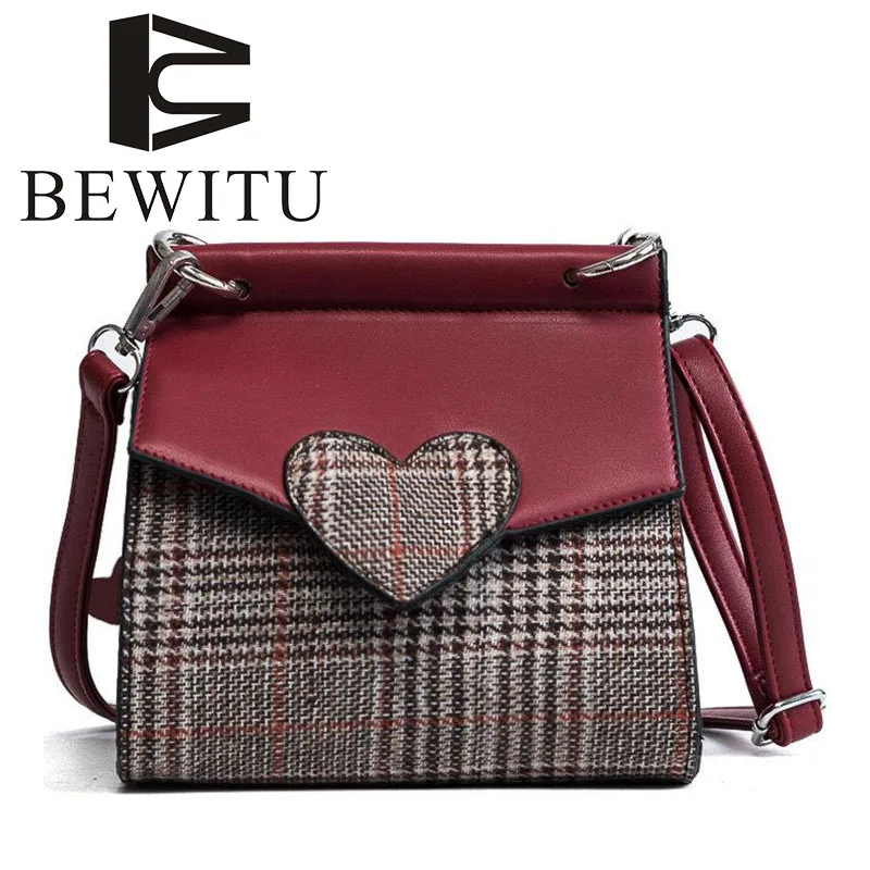 

BEWITU Love Plaid Messenger Bag Female 2018 New Check Woolen Bag Peach Heart Hit Color Double Shoulder Bag Versatile Packet