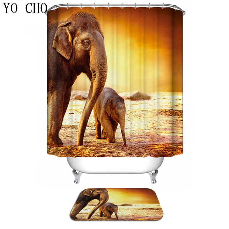 

YO CHO Shower Curtain Bathroom Set 3D Elephant Printed Waterproof Polyester Fabric Bath Curtain Non Slip Rugs Carpet Bath Mat