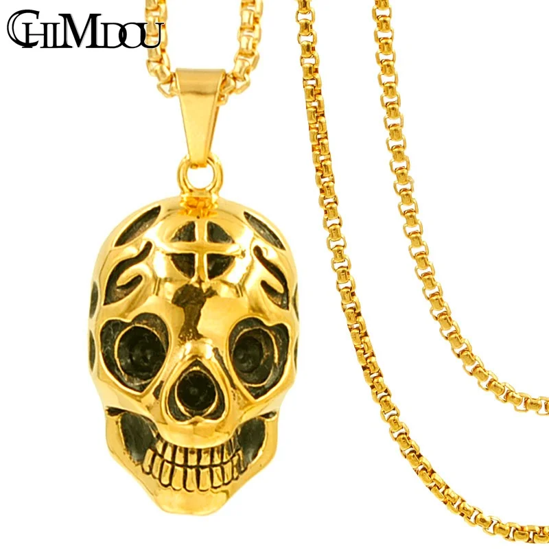 

CHIMDOU 3 color,skull necklace,Metal hip hop man chain skeleton pendants stainless steel men boy bijoux,Halloween Gift AP485