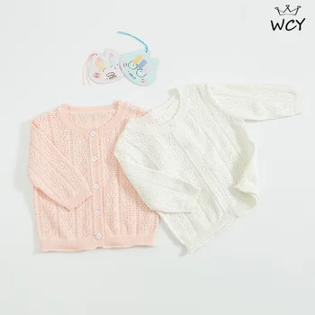 

2019 Fall Summer Toddler Girl Coat Long Sleeve Thin Knitted Cotton White Pink 12M 18M Kawaii Sweater Cardigan Little Girl Clothe