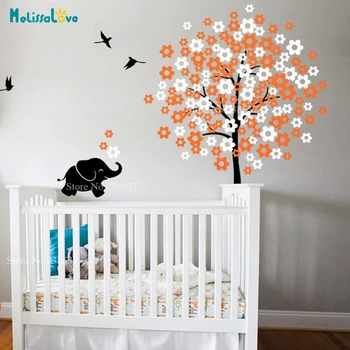 

Nursery Decal Birds and Blossoms decor elephant kids room decoration Removable vinyl wall sticker BA080