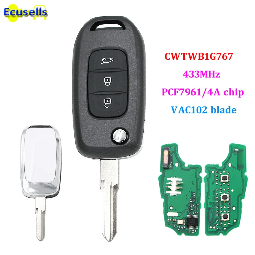 3 кнопки дистанционного ключа 433 МГц PCF7961 4A чип для Renault Kadjar Captur Megane Symbol 2013 2017 CWTWB1G767