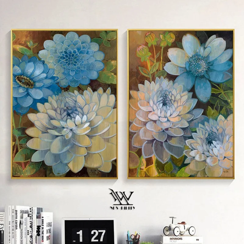 

Nordic Posters and Prints Retro Blue Flower Oil Canvas Painting Modern Home Decoration Living Room Modular Wall Art Pictures