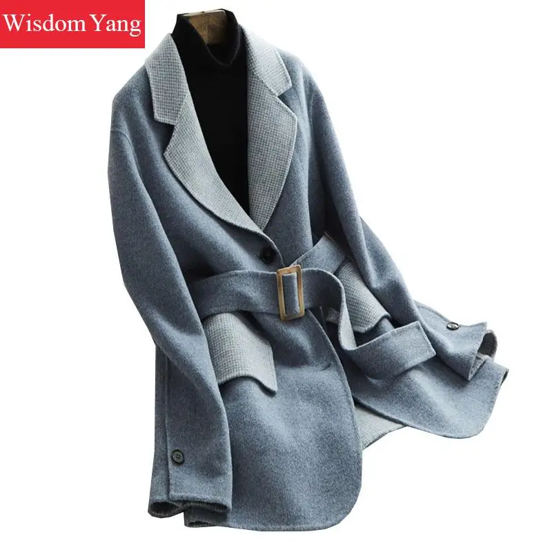 

Elegant Womens Blue Plaid Sheep Wool Coats Woman Winter 2018 Slim Female Long Woolen Lady Casual Belt Overcoat Coat Outerwear