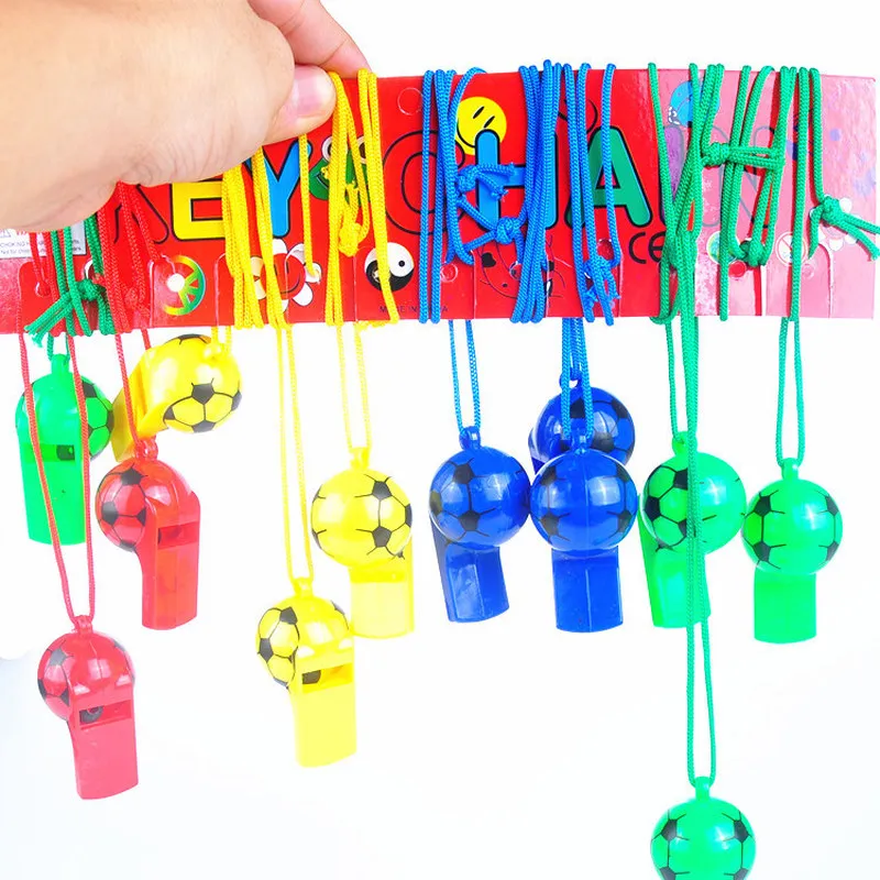 

12pcs/lot Soccer football or smiling face whistle cheerleading toys for kids children plastic whistles toys with ropes