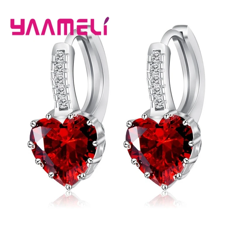 Романтические серьги в форме сердца с кристаллами и петлей сзади, австрийские кубические циркониевые 925 пробы, серебряные кольца, ювелирные изделия для женщин - Окраска металла: Red