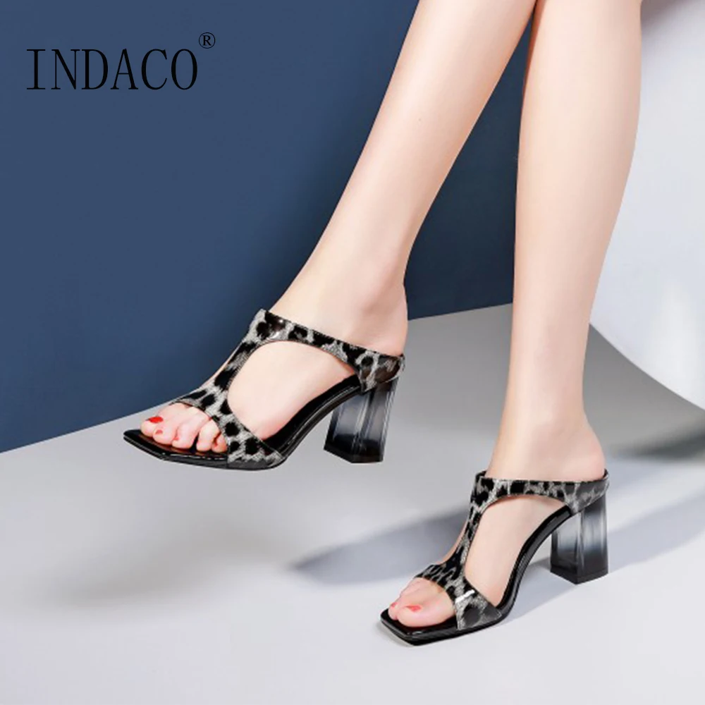 

Sexy Thick Heel Slippers Summer Shoes Women Slides 2019 Peep Toe Leopard High Heel Sandals