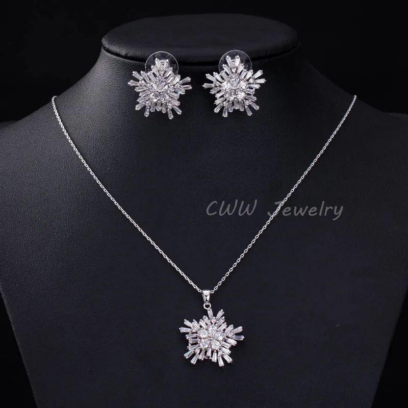CWWZircons Брендовые женские модные ювелирные наборы AAA+ кубический цирконий цветок кулон ожерелье серьги набор для женщин T208 - Окраска металла: white