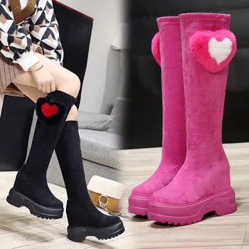 

Wedges women's boots 2019 autumn winter new thick bottom increased Martin boots slim elastic boots super high heel long boots hj