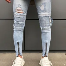 Мужские рваные байкерские джинсы для мужчин, белые/синие, до колена, плиссированные, с застежкой-молнией на лодыжке, брендовые, облегающие, рваные, обтягивающие джинсы для мужчин, Homme