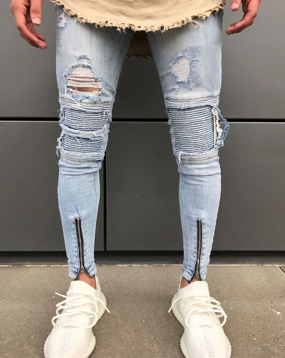 Men Male Ripped Biker Jeans White /blue Knee Pleated Ankle