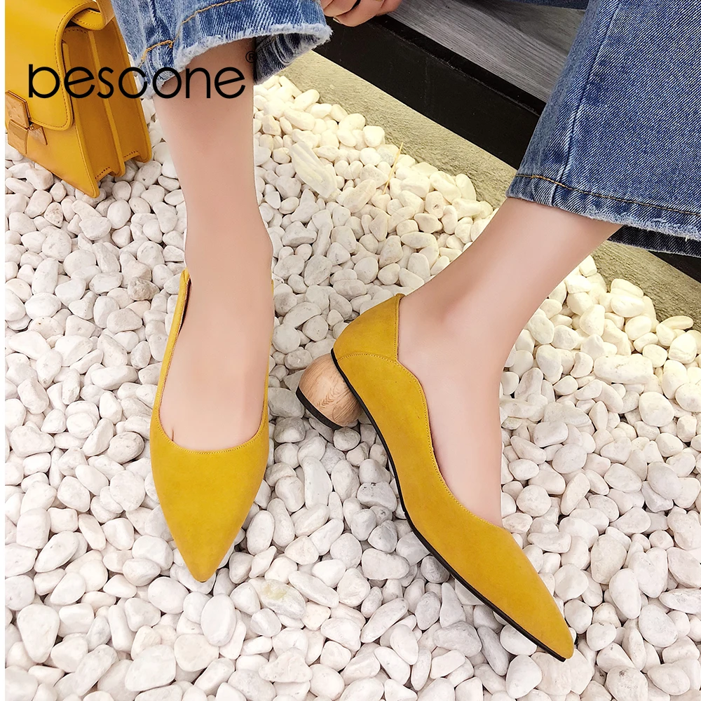

BESCONE Concise Women Work Dress Shoes Design Comfortable Med Wood Heels Pointed Toe Pumps For Ladies Slip-on Casual Pumps BO148