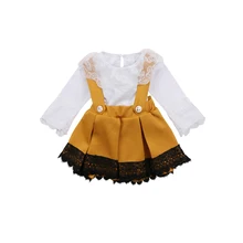 Модный Милый хлопковый комбинезон для новорожденных девочек 0-24 месяцев, 2 предмета, с длинными рукавами и круглым вырезом, на пуговицах, белый кружевной комбинезон, комбинезон с желтым бантом