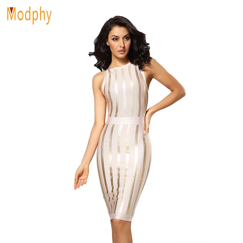 

2018 women sexy rayon elastic sleeveless knee-length Gold Foil Stripes vestidos club party bandage dress drop shipping HL289