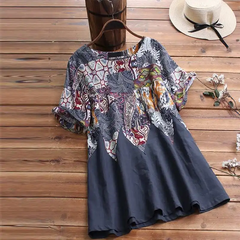 

Summer Short Sleeve Shirts 2019 Women Casual O Neck Print Patchwork Blouse Vintage Cotton Loose Tunic Tops Female Blusas Chemise