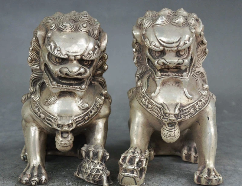

6" Old China Folk FengShui Palace Guardian Silver Lion Foo Fu Dog Statue Pair
