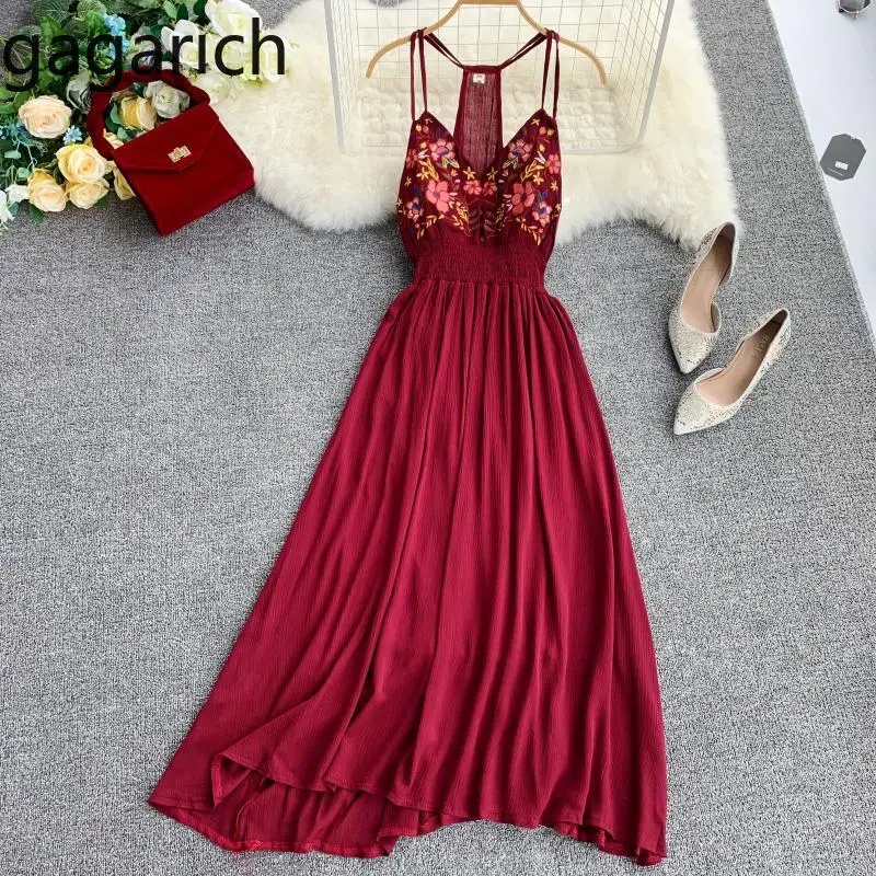 

Gagarich Bohemian Vintage Style Embroidery Sexy Dress Deep V-neck Backless Sleeveless High-waist Loose Long Dresses Vestidos