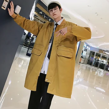 

2018 Autumn New Men's Fashion Simple Pocket Decoration Scarf Collar Long Jacket Windbreaker Loose Casual Solid Color Coats M-XL