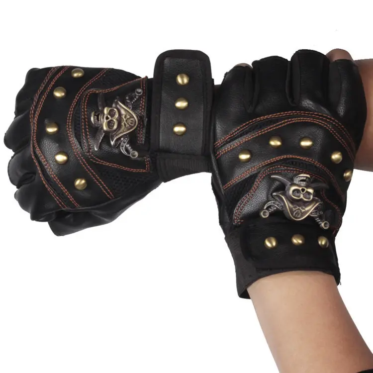 SHOUHOU мужские полупальчиковые перчатки из искусственной кожи летние мужские на половину ладони/ступни металлические череп наружные спортивные перчатки мужские велосипедные перчатки - Цвет: black