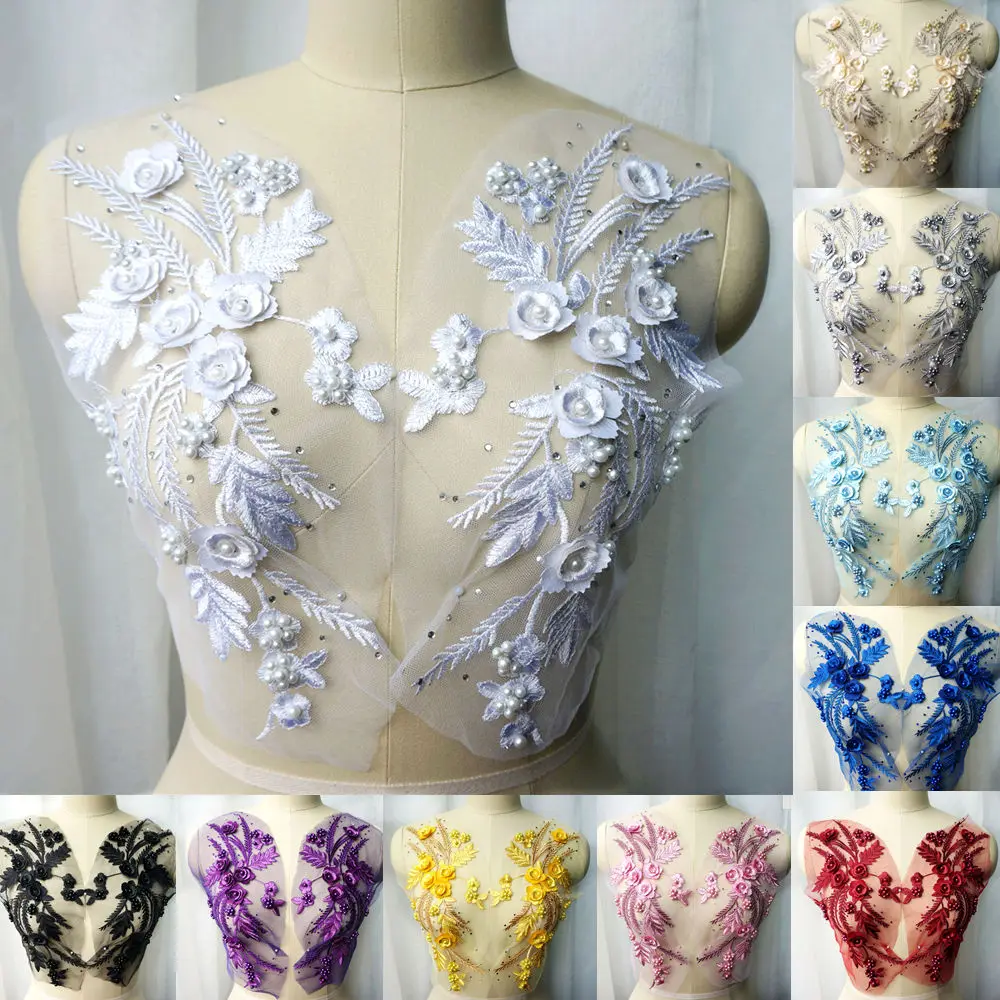 

2PCS White Black Lace Fabric 3D Flower Tassel Beads Rhinestone Embroidered Wedding Gown Appliques Sew Patch For Dress DIY Decor