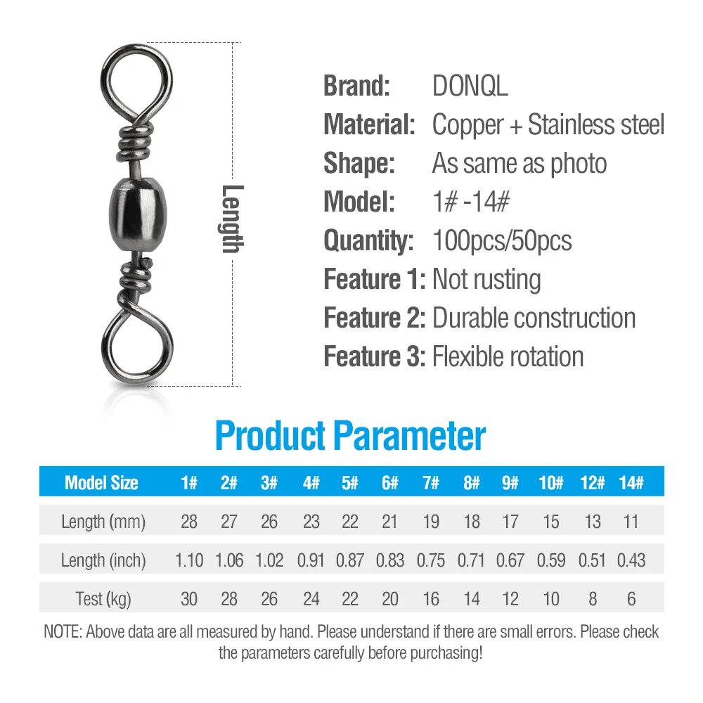 DONQL 50100pcs Fishing Swivel Barrel Rolling Connector 1#-14# Fishing Hooks Bearing Swivel Connector Fishing Accessories        (3)