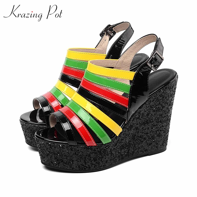

Krazing Pot new microfiber patent leather natural skin extreme high heels women dailywear European rainbow colorful sandals l9f4