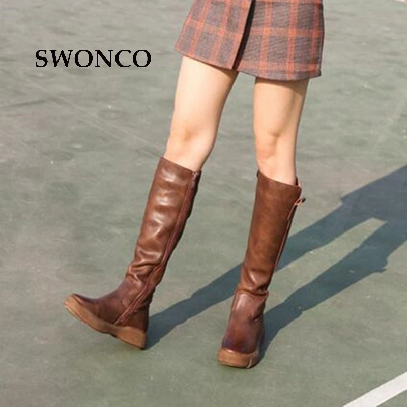SWONCO Women's High Boots 2018 Winter Short Plush Knee-high Boot Ladies Shoes Leather Boots Women Winter Long Boots Shoes