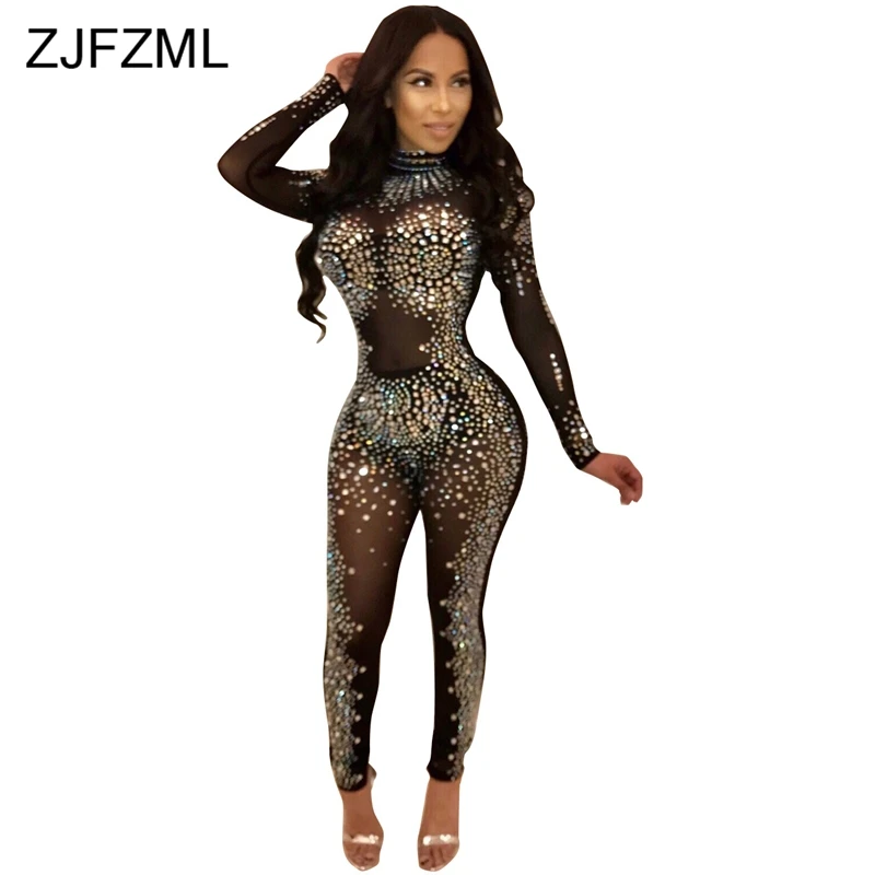 Sparkly Rhinestones Sexy Party Jumpsuit Women Mesh Patchwork See Through Bodycon  Overall Elegant Long Sleeve Plus Size Romper