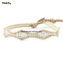 Серебряный смешанный бежевый цвет бисера тюрбан однослойной намотки кожаный браслет