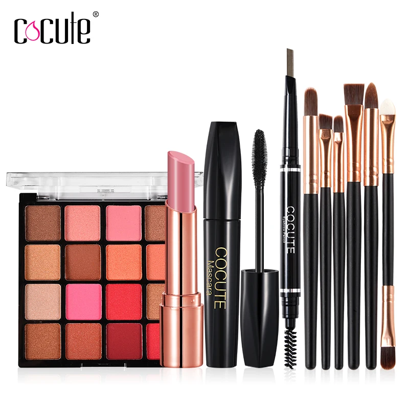 

Newly 5Pcs Daily Use Cosmetic Makeup Set Include Matte Lipstick Eyebrow Pen Volume Curling Mascara Eyeshadow Palette and Brushes