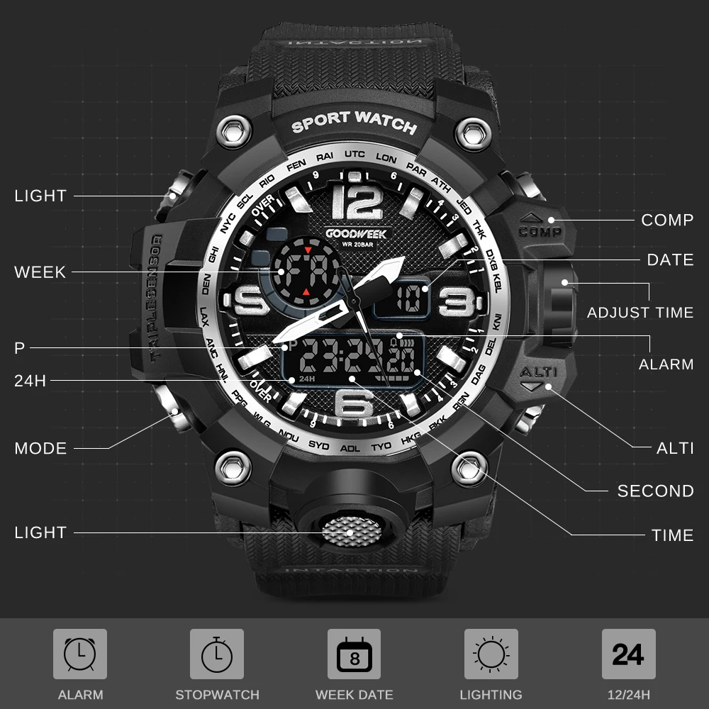 GOODWEEK мужские спортивные часы военные армейские водонепроницаемые цифровые кварцевые часы для мужчин двойной дисплей часы для плавания Relogios Masculino