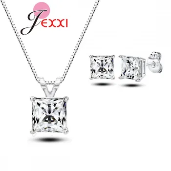 

Wedding Fine Jewelry Sets Real Pure 925 Sterling Silver Cubic Zircon CZ Pendant Necklaces Earring Engagement Set
