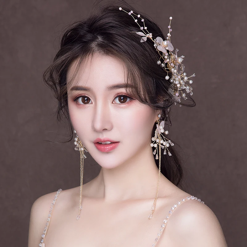 

Fashion Korean Wedding Headband Hair Accessories Engagement Headpiece Simulated Pearls Drop Earrings Girls Headband Jewelry Set