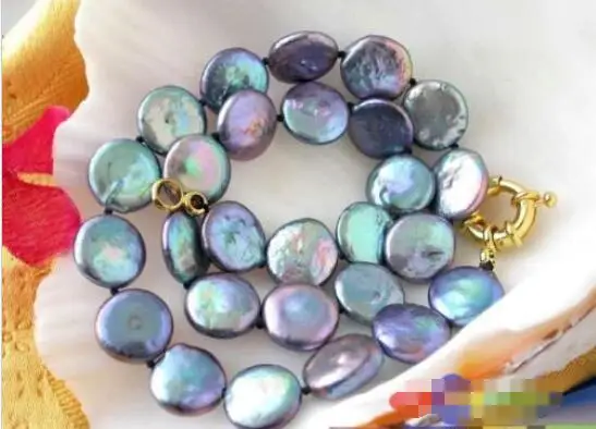 

Hot sale new Style >>>>> 18" 14MM PEACOCK BLACK COIN FRESHWATER CULTURED PEARL NECKLACE