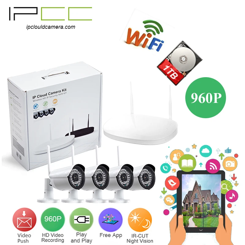 IPCC 4CH CCTV System Wireless 960P NVR 4PCS 1.3MP IR Outdoor P2P Wifi  CCTV Security Camera System Surveillance Kit 1TB HDD