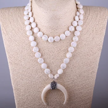 

Fashion Flat White Stones Bead Stones Ox Horn Moon Pendant Necklace Handmade Women Jewelry 2 color available
