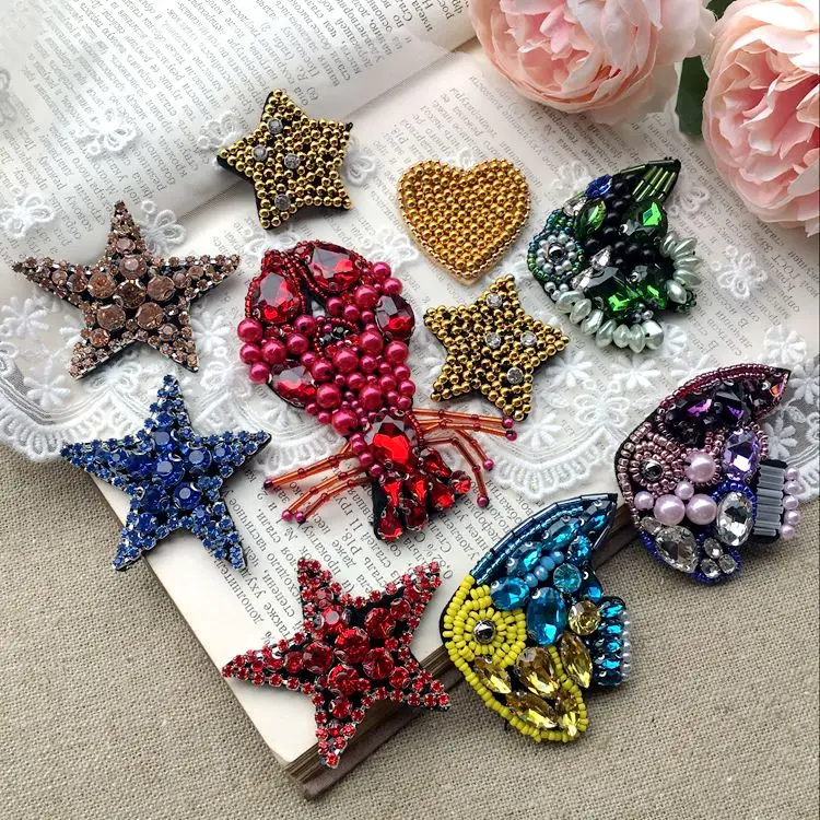 

Heavy duty rhinestones hand-beaded gold love star patch DIY clothing sweater coat hand-sewn lobster fish patch accessories