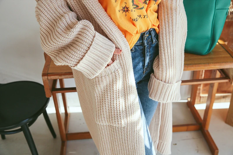 Повседневный вязаный длинный кардиган с v-образным вырезом и разрезом по бокам, женский толстый свитер с открытой строчкой, модная свободная вязаная одежда осень-зима