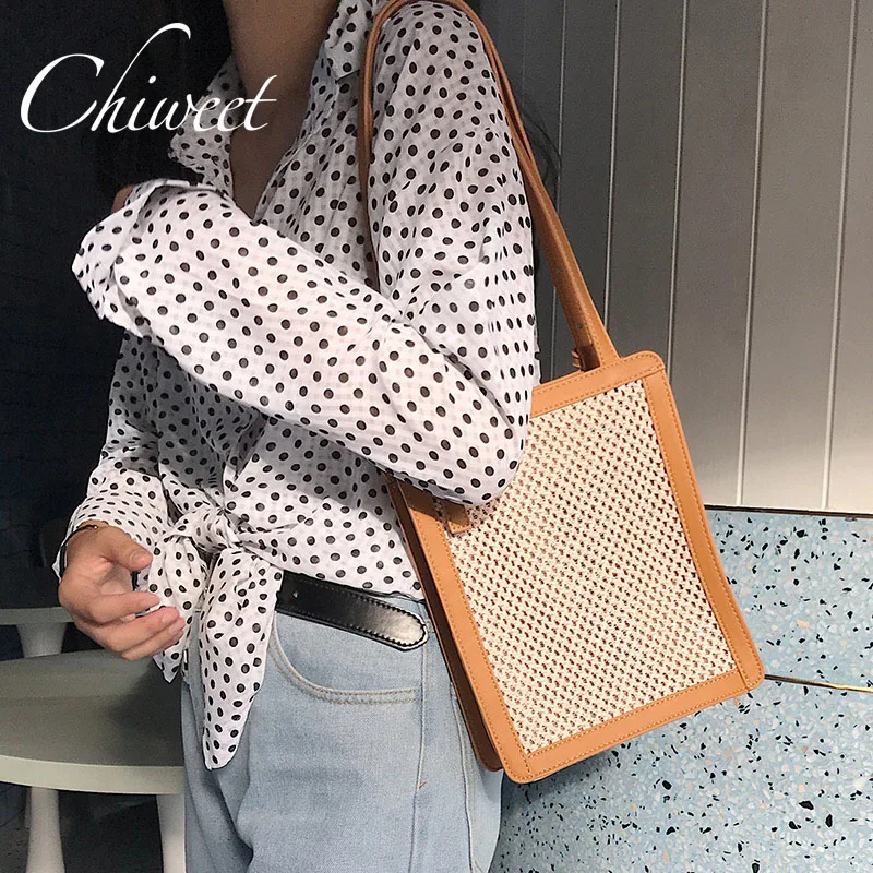 

2019 Designer PU Leather Patchwork Straw Bag Brand Woven Mesh Women Shoulder Bag Luxury Handbags Panelled Large Ladies Hand Bags