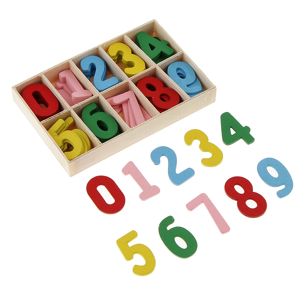 60pcs Colorful Mini Wood 0-9 Arabic Number Embellishment with Wood Storage Tray for Kids Educational Toys Games