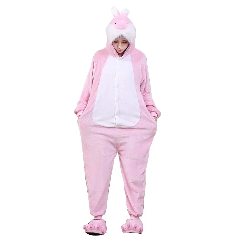 Cute Pink Bunny Kigurumi Cartoon Animal Hooded Onesies Adult Winter Animal Pajamas Rabbit For Women Cosplay Sleepwear Christmas