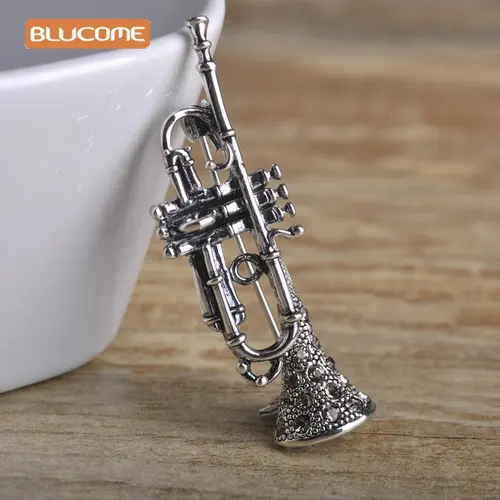 Blucome-빈티지 색소폰 모양 브로치, 여성 음악가 선물 크리스탈 골동품 골드 컬러 악기 브로치 히잡 핀 2