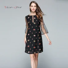 

2018 New Fashion Plus Size Lace embroidered Dress Women Sexy Round Neck Spring Party Gown Big Size Chiffon mesh sleeves Dresses