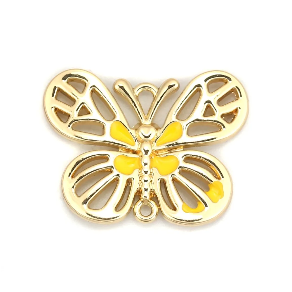 DoreenBeads Zinc Based Alloy Connectors Butterfly Animal Gold Yellow Pink Enamel DIY Charms 26mm(1&quot) x 20mm( 6/8&quot) 5 PCs | Украшения