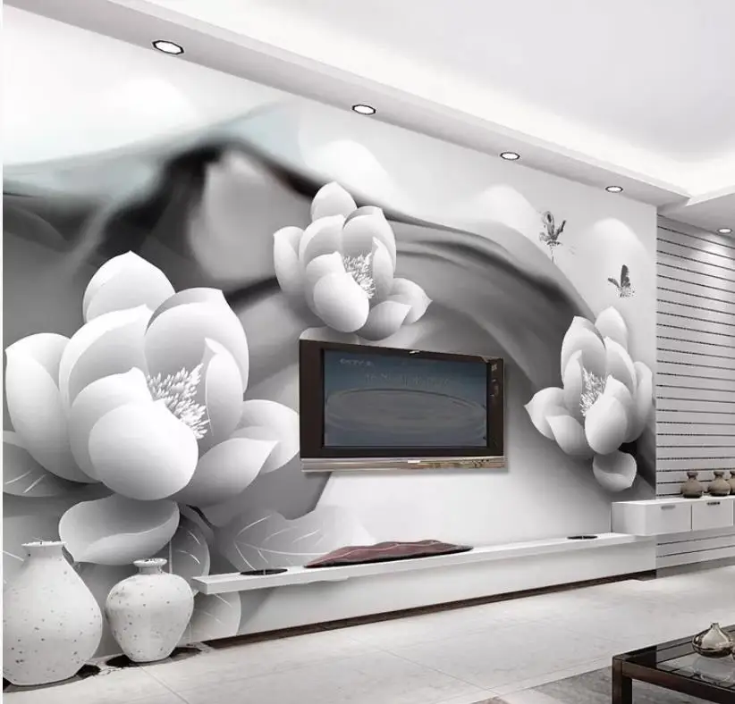 

High quality custom 3d curtain fabric Black and white ink lotus butterfly simple 3d TV background wall