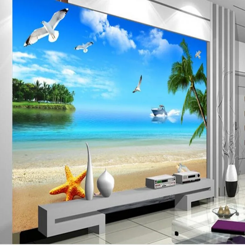 

wellyu Custom large fresco 3d blue beach landscape TV backdrop non - woven wallpaper papel de parede para quarto